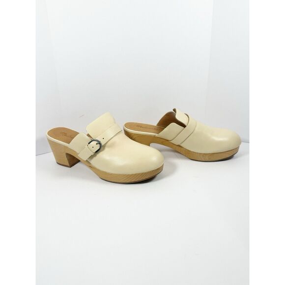 Madewell Shoes - Madewell Monique Buckle Clogs Ivory Leather Chunky Wood Heel Buckle Slip On Sz 9